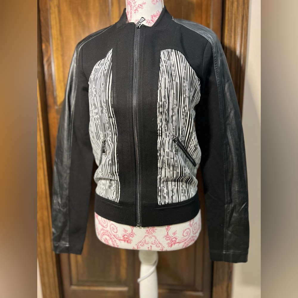 RUNWAY sample Black Leather Sheer White Striped Moto Jacket Size Small